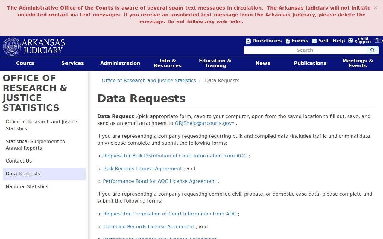 Faulkner County court case records AOC data request page