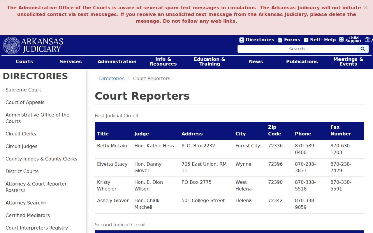 Greenbrier court records source showing the Arkansas court reporter directory